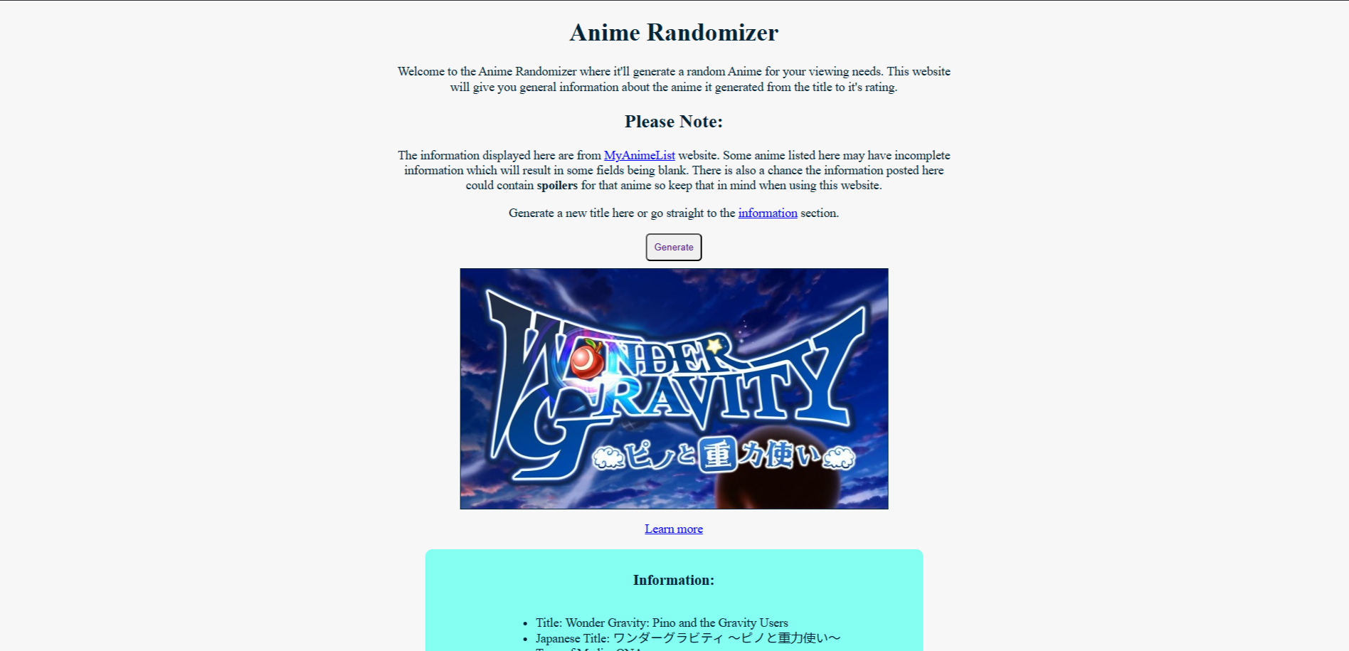 Anime Randomizer's website
